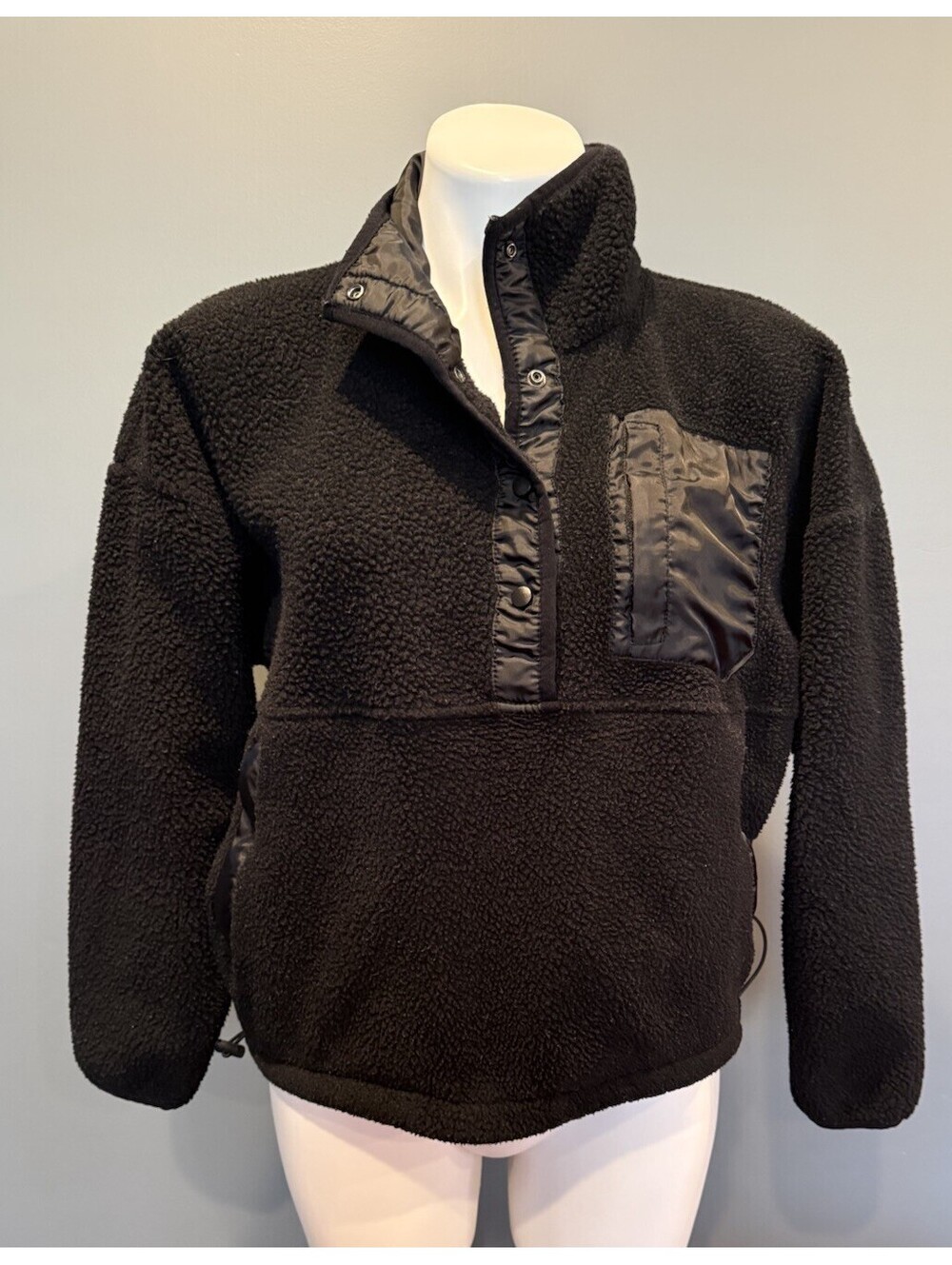 Anthropologie Wilo the Label Cosy Black Sherpa Deep Pile Fleece Pullover Snap XS